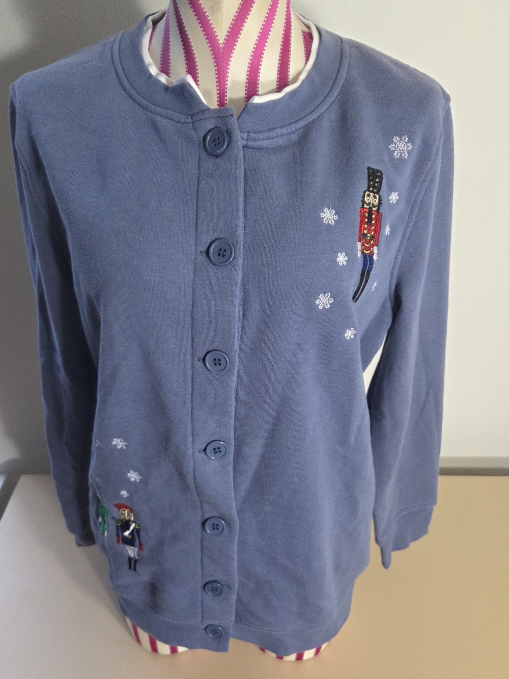 VTG Speculation Nutcracker Holiday Fleece Cardigan Jacket Small Blue Christmas
